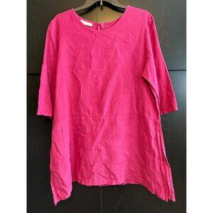 Bryn Walker Linen Tunic Blouse Raspberry Pink Medium Short Sleeves Side Slits